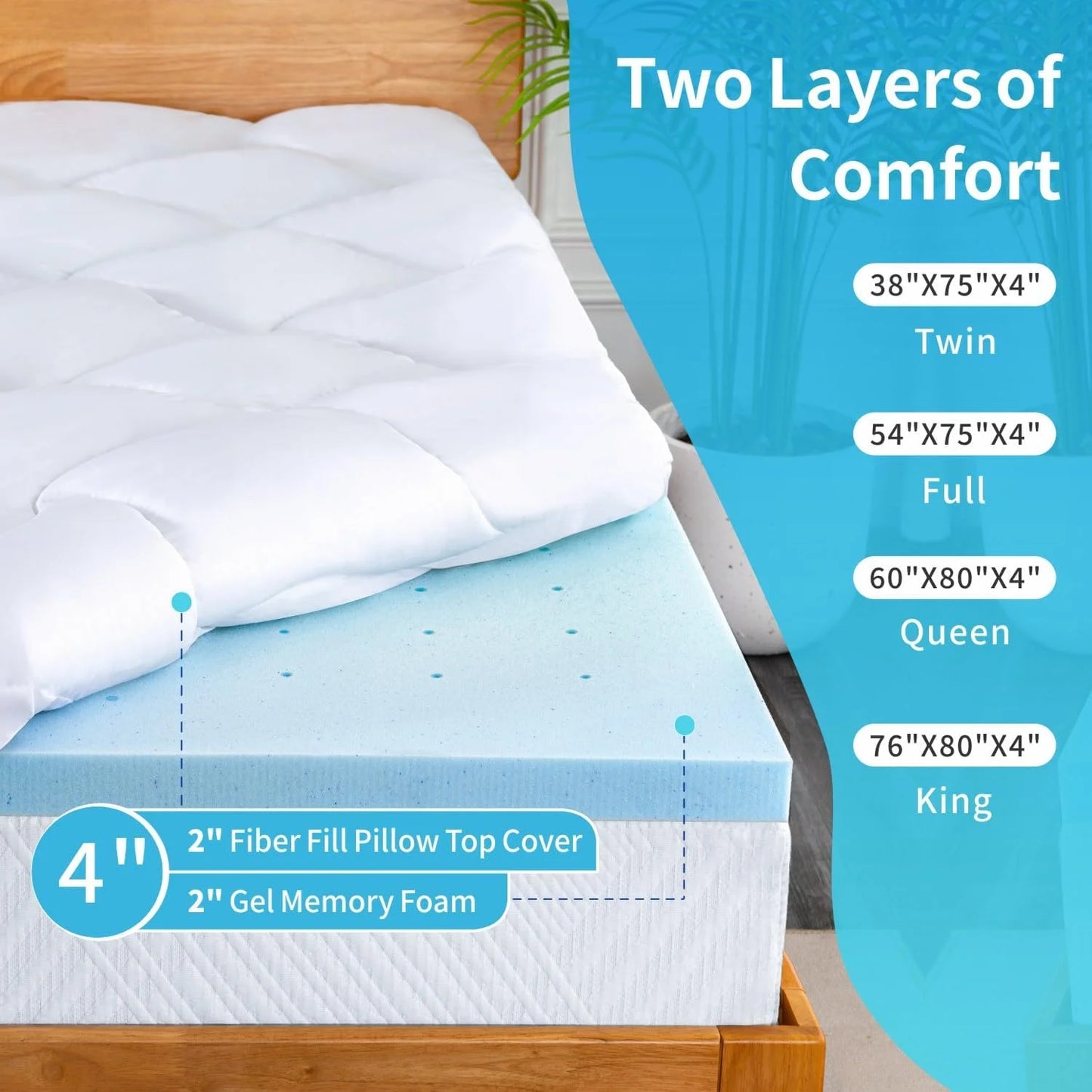 Ljustra 4 Inch Dual Layer Gel Memory Foam Mattress Topper for Back Support