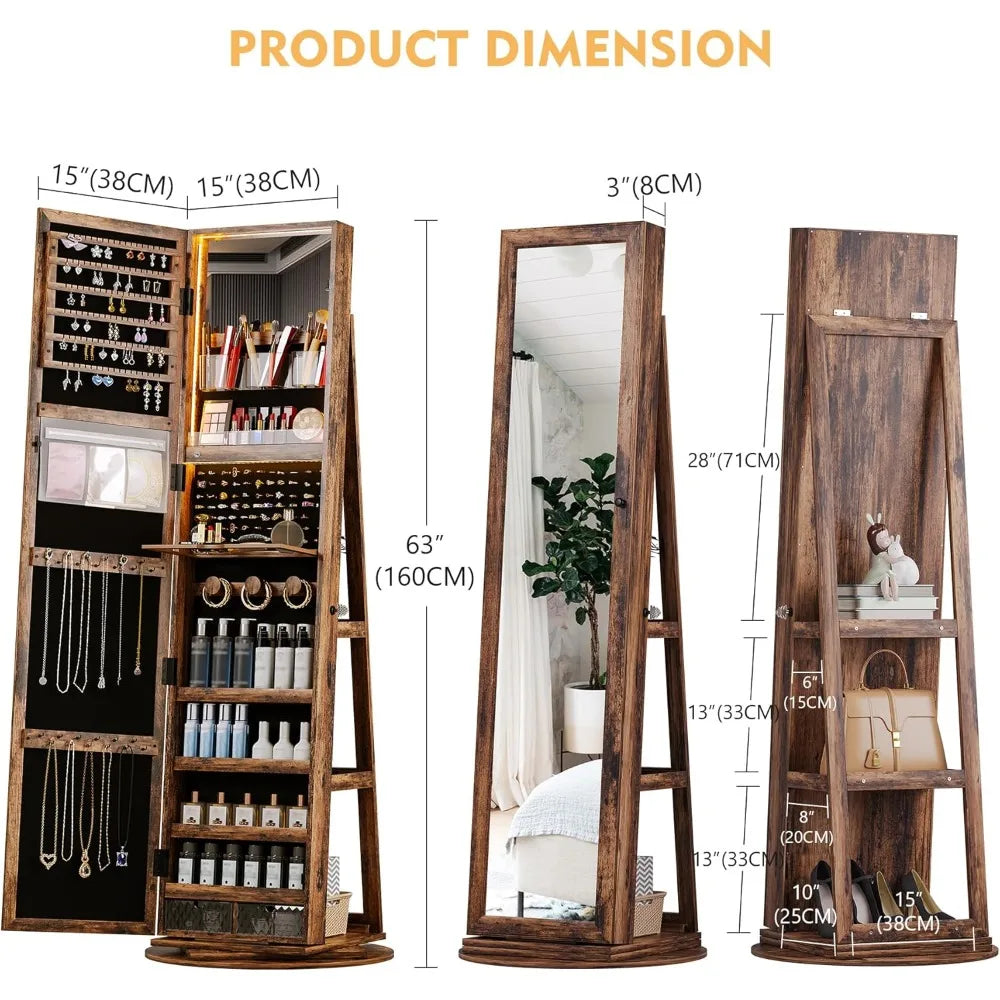 360 Degree Rotating Jewelry Cabinet with Adjustable Lighting and Mirror