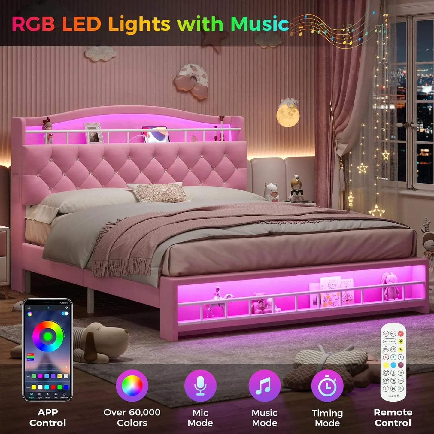 Queen Size Girls Bed with LED Lights and Charging Station Storage