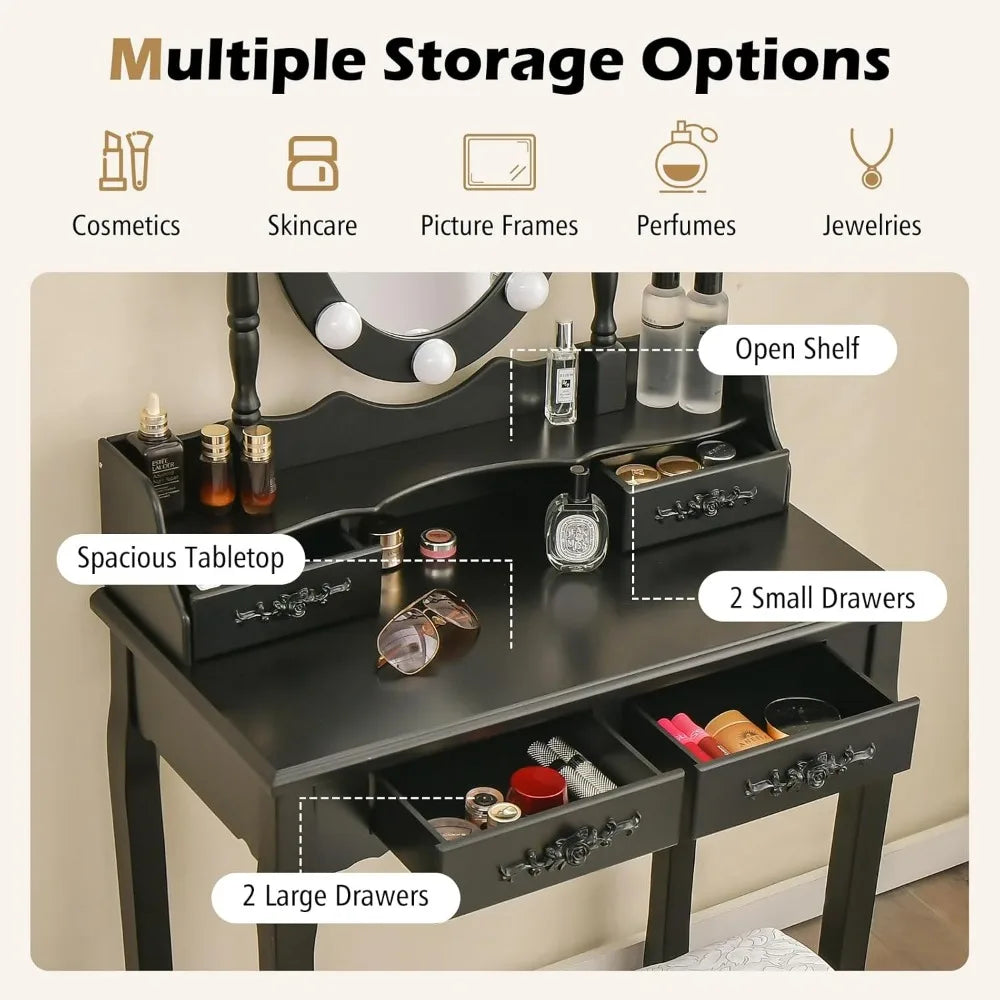Vanity Table Set with Lighted Mirror Adjustable Brightness Storage