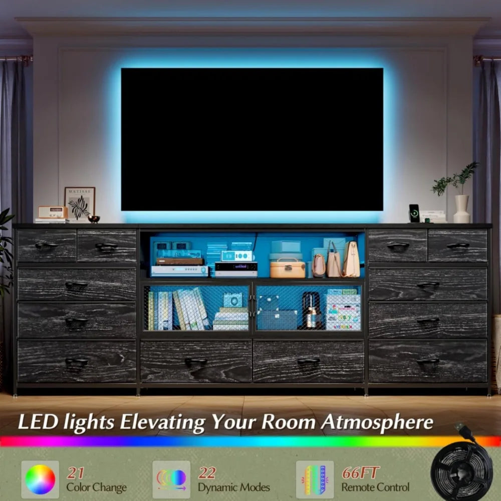 71 Inch Modern TV Stand with LED Lights Charging Station and 12 Drawers