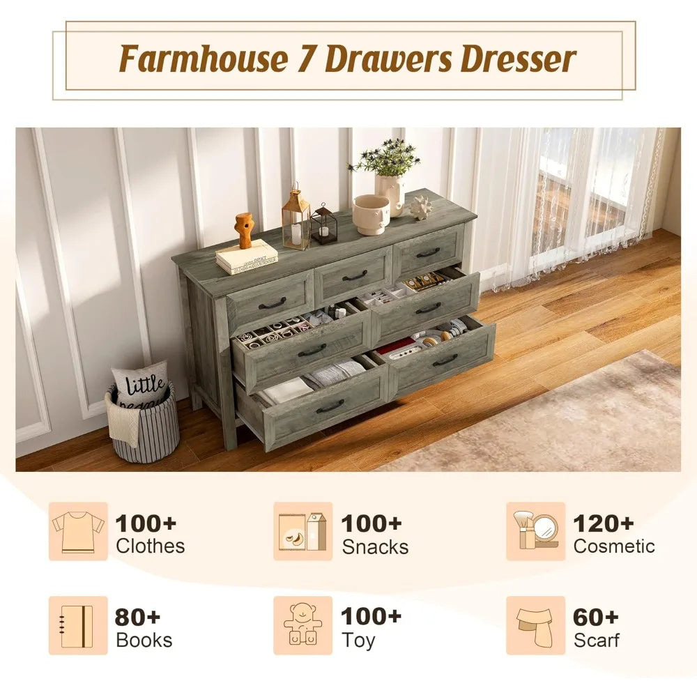 Farmhouse 7-Drawer Dresser Bedroom Storage Organizer Wood Chest