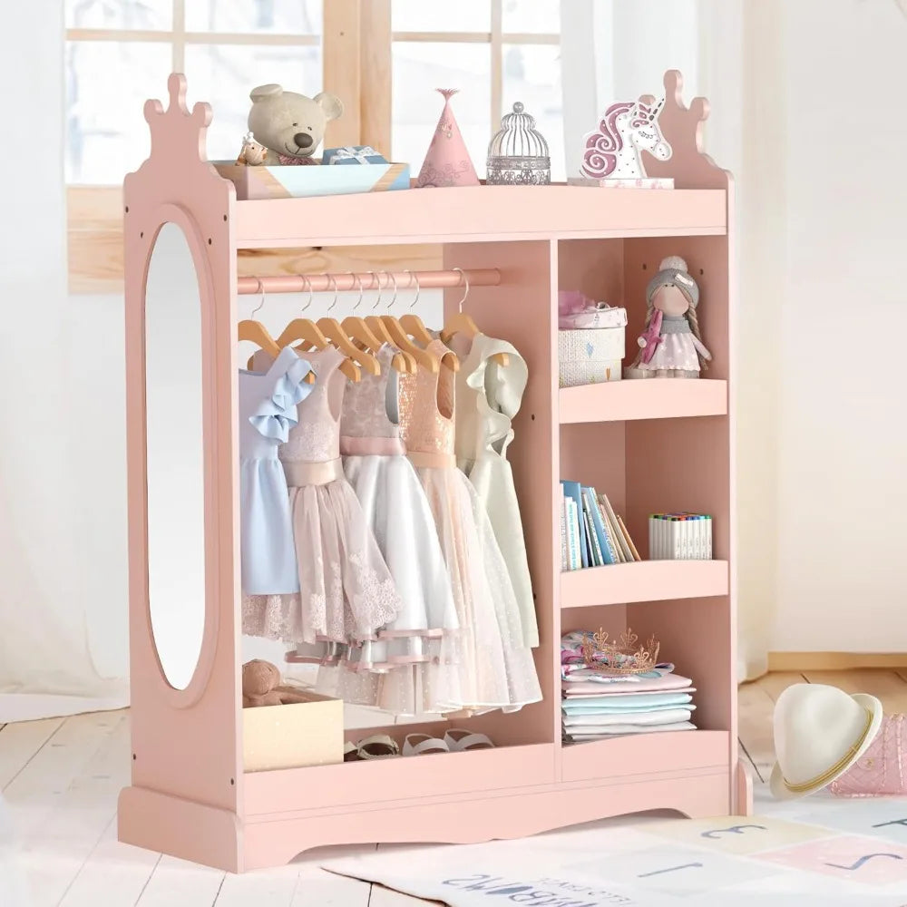 Kids Wardrobe with Mirror and Hooks Large Storage Closet Organizer