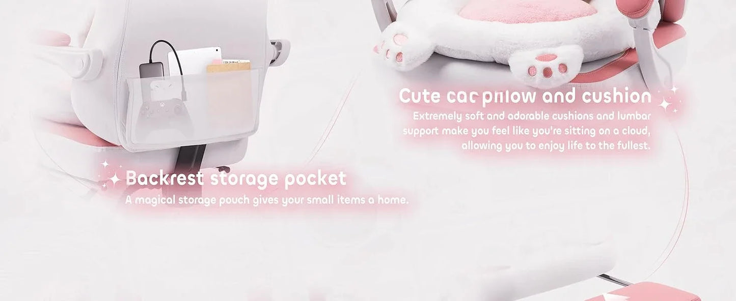 Cute Gaming Chair with Cat Ears Lumbar Cushion Ergonomic Footrest Reclining