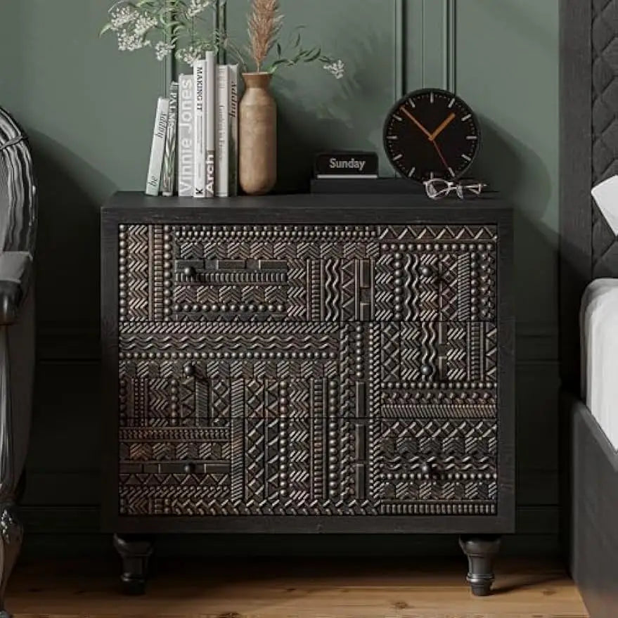3 Drawer Farmhouse Dresser Geometric Carved Pattern Vintage Accent Chest