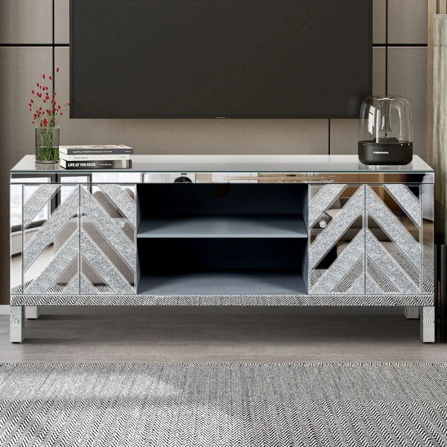 Mirrored TV Stand for 65 Inch TV Console Table with Storage Cabinets