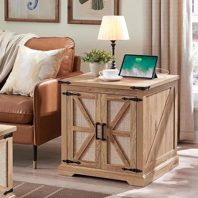 Farmhouse End Table with Charging Station Rustic Wood Nightstand 24"