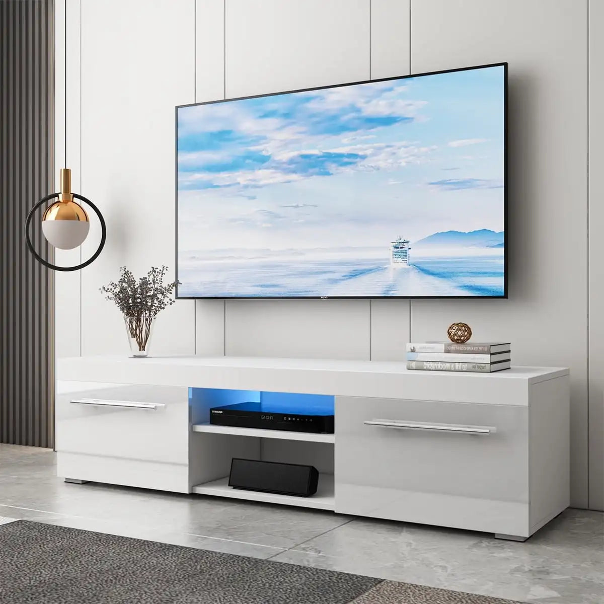 Modern TV Stand for 59 Inch TVs High Gloss LED Lights Entertainment Center