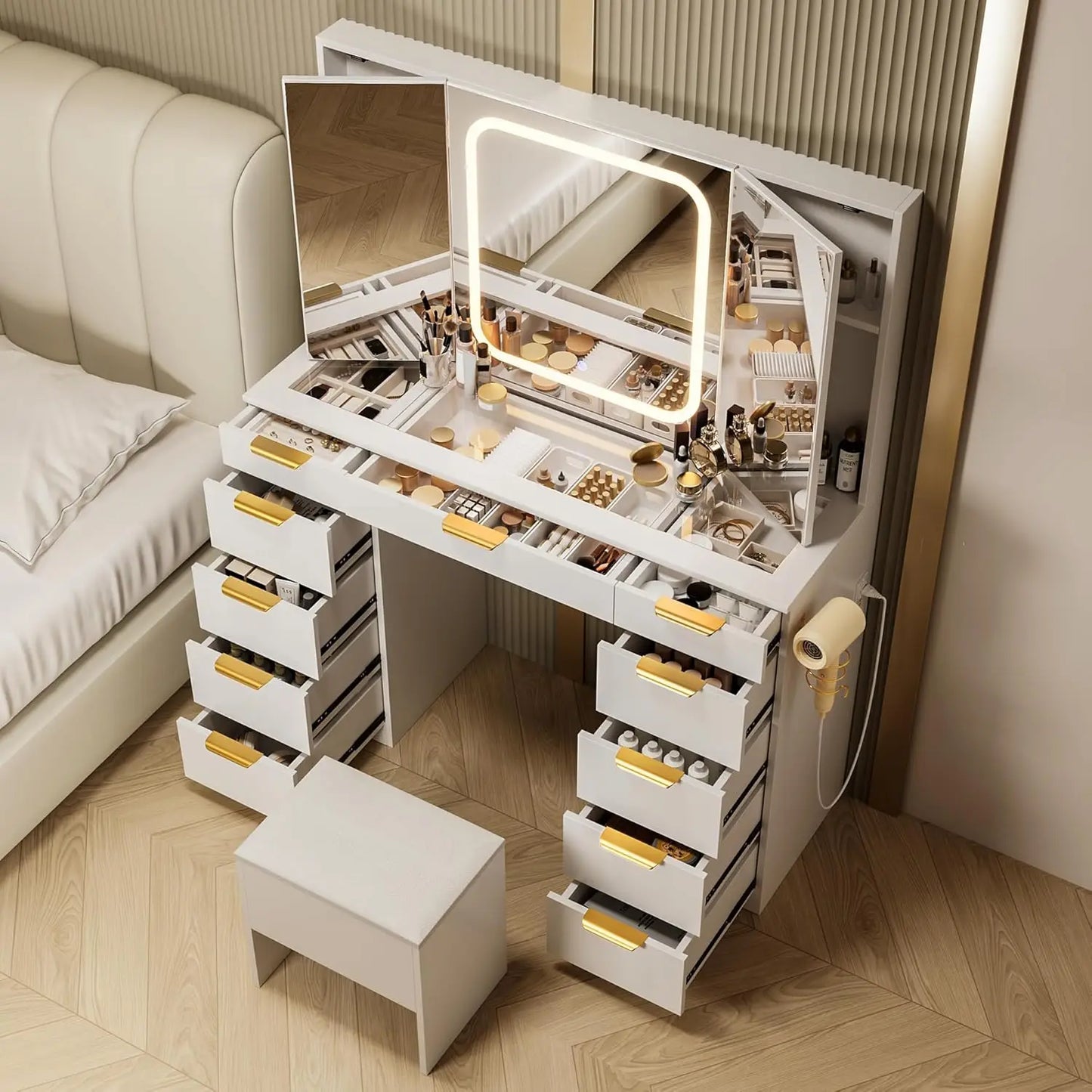 11 Drawer Vanity Desk with Foldable Mirror LED Lights and Gold Handles