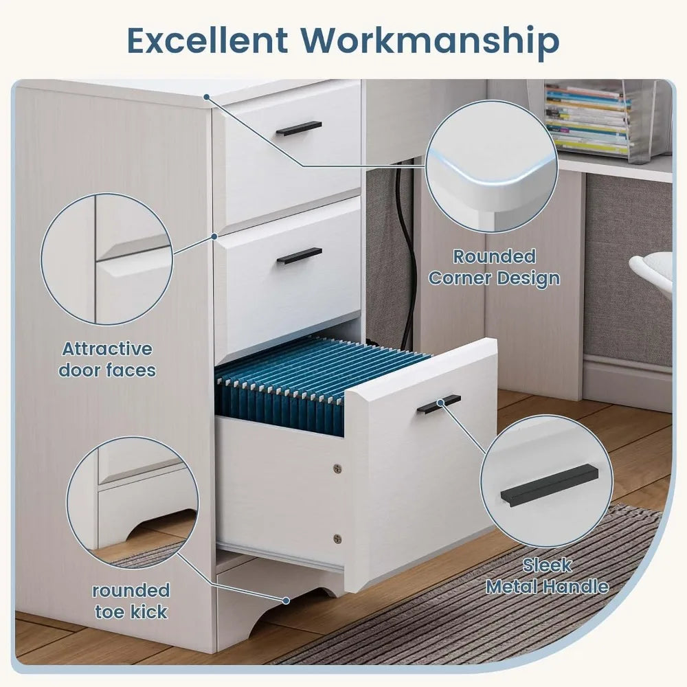 L Shaped Desk with 3 Drawers 60 Inch Corner Desk with Power Outlet