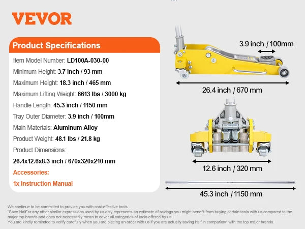 Ljustra Hydraulic Floor Jack 3 Ton Low Profile Aluminum Auto Repair Tool