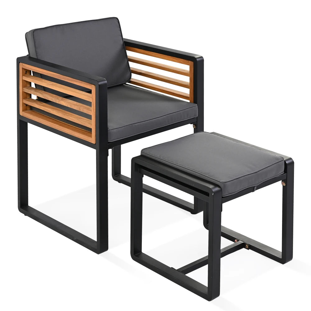 9-Piece Acacia Wood Patio Dining Set with Cushioned Chairs and Ottomans