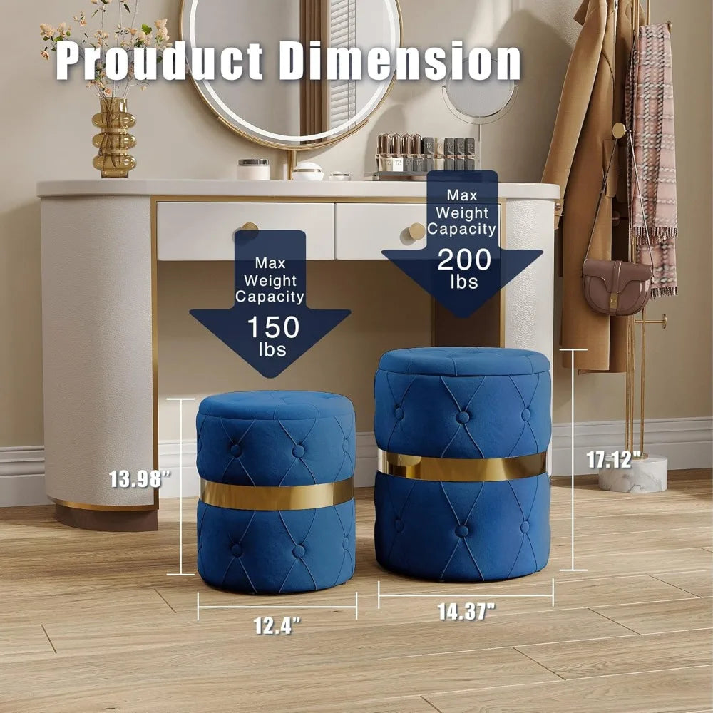 Round Storage Ottoman Set of 2 Velvet Stool Fully Assembled for Home Office