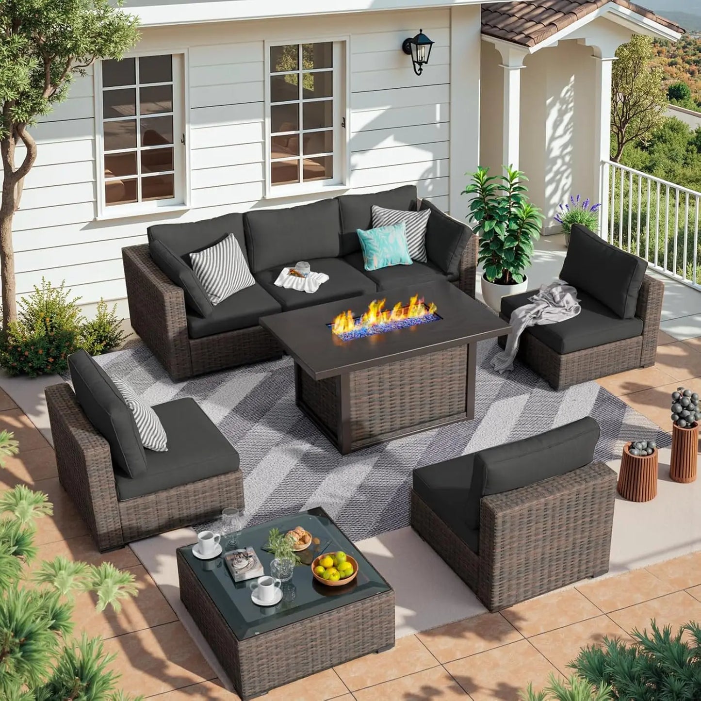 Ljustra 8 Piece Patio Furniture Set with Fire Pit Table Rattan Sectional