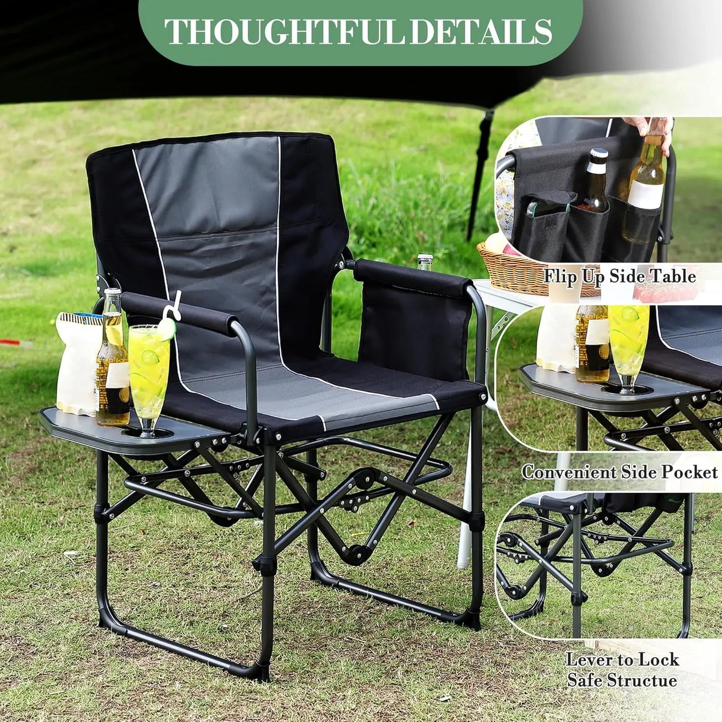 Folding Camping Chair with Side Table Pocket and Beverage Holder for Outdoors