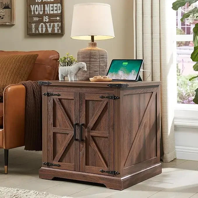 Farmhouse End Table with Charging Station Rustic Wood Nightstand 24"