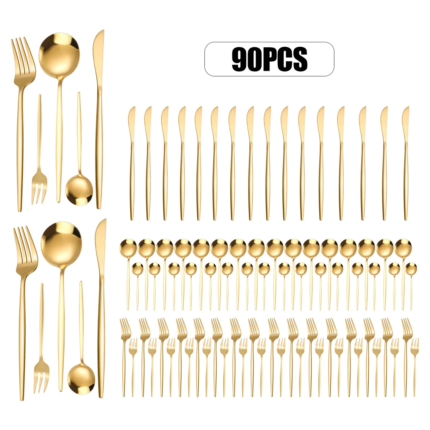 90Pcs Gold Stainless Steel Cutlery Set Heavy Duty Tableware Wedding Restaurant