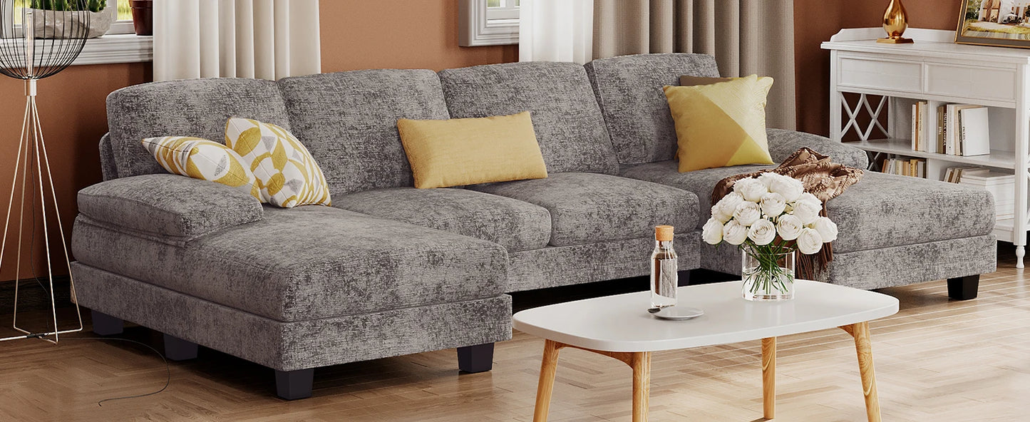 Ljustra Sectional Couch U-Shaped Sofa Linen Fabric 4 Seat Living Room