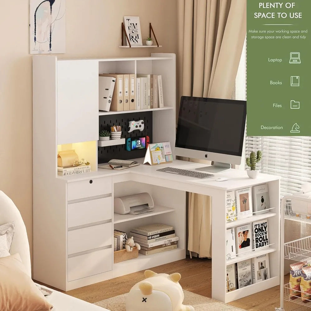 Modern L Shaped Desk with Drawers Bookshelf Corner Home Office LED Light