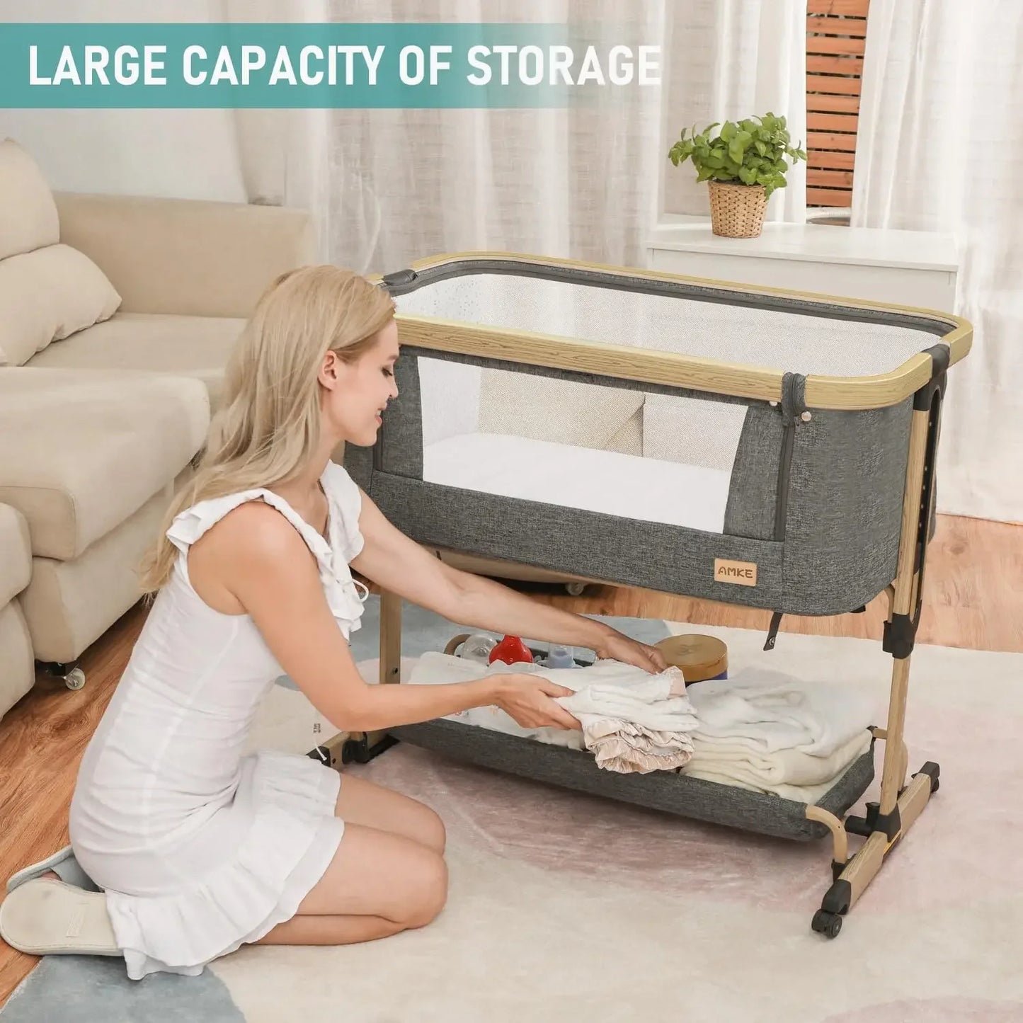 3 in 1 Baby Bassinet Bedside Sleeper Cradle with Storage Easy Assemble