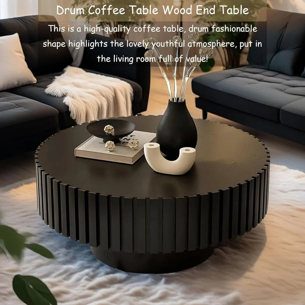 Round Fluted Coffee Table Modern Handcrafted Drum Table Low Profile