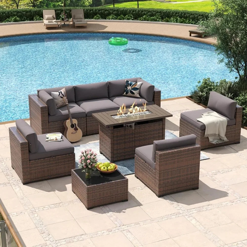 8-Piece Wicker Rattan Patio Furniture Set with Fire Pit Table and Cushions