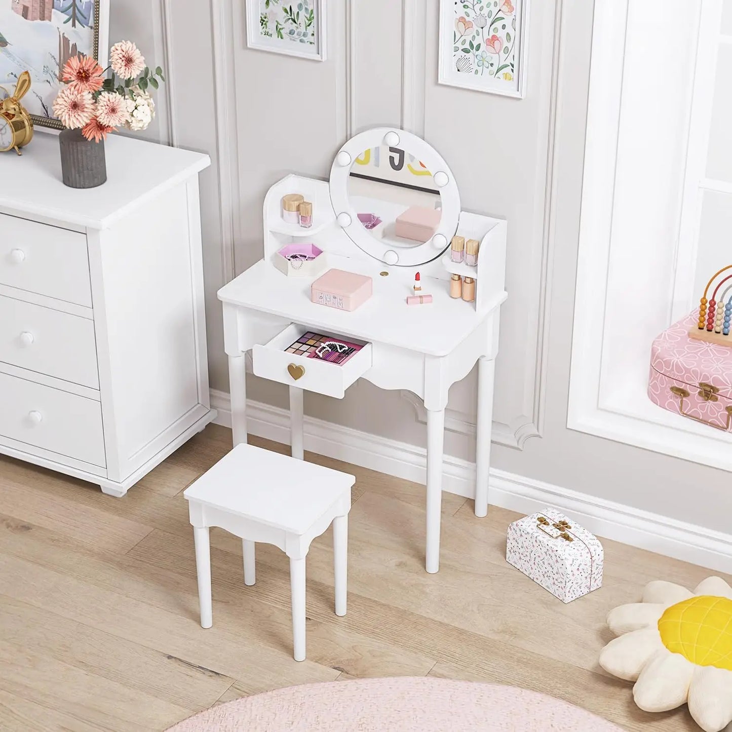 Kids Vanity Set with Mirror Stool Lights for Girls Pretend Play Furniture