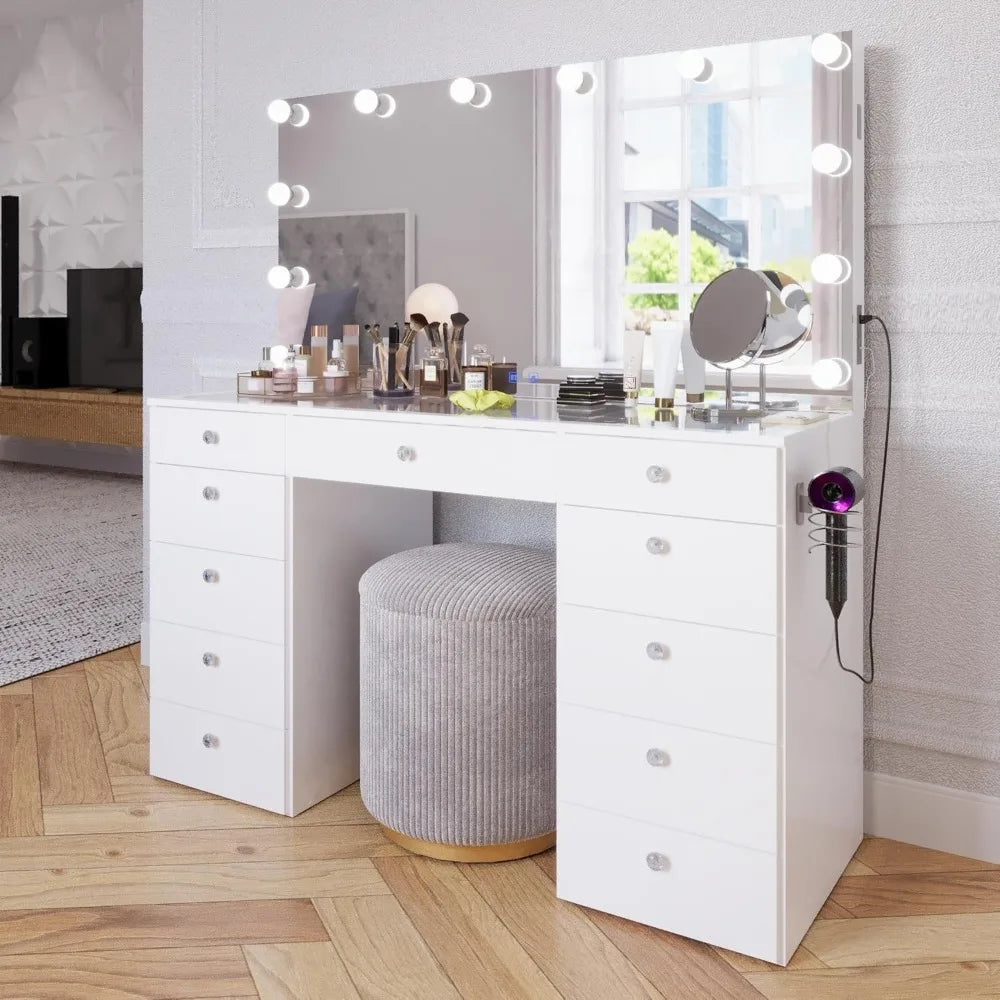 elle white makeup vanity desk with bluetooth speaker and hollywood lights