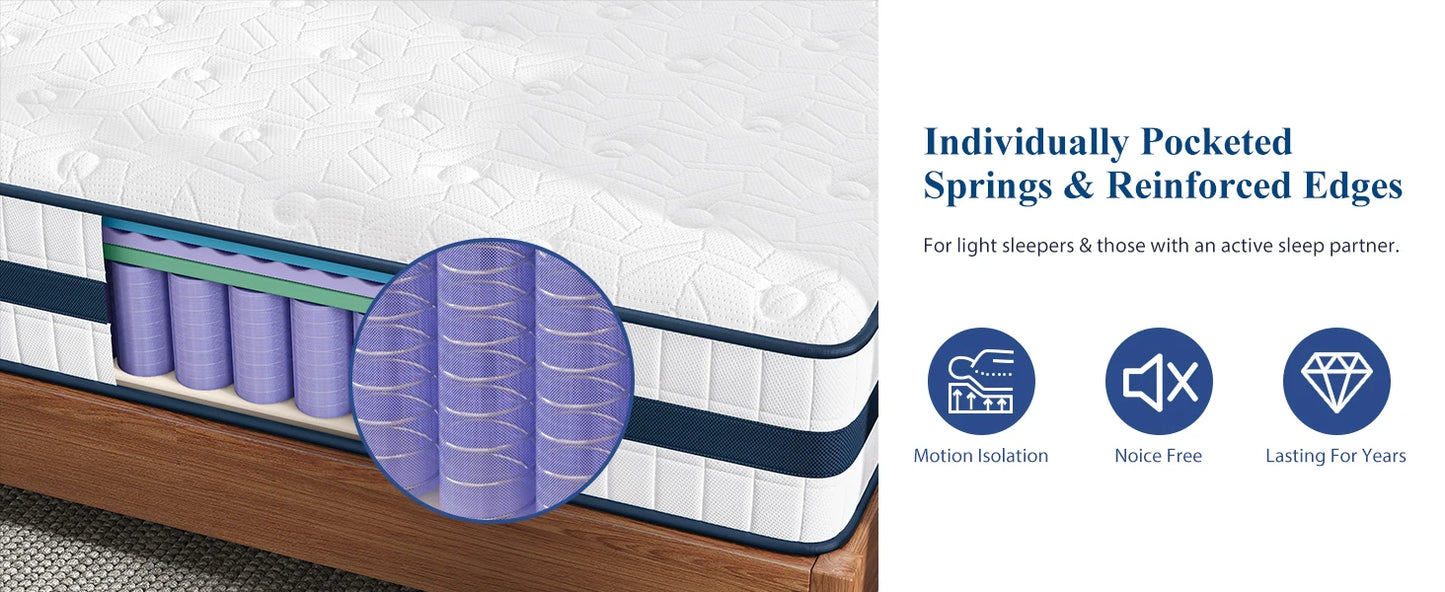 Ljustra 10-12 inch Hybrid Mattress Gel Memory Foam Pocket Coils