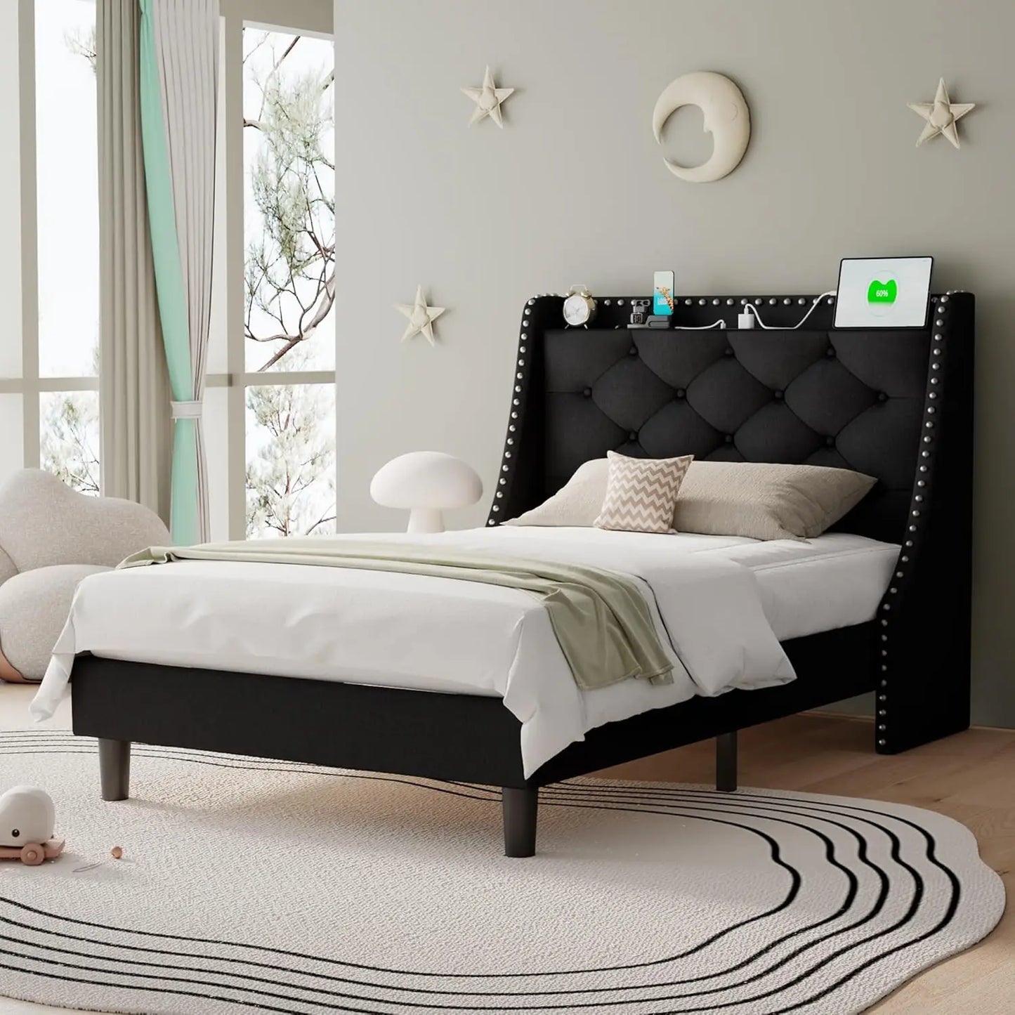 Full Size Bed Frame Wingback Tufted Storage Headboard with AC Ports