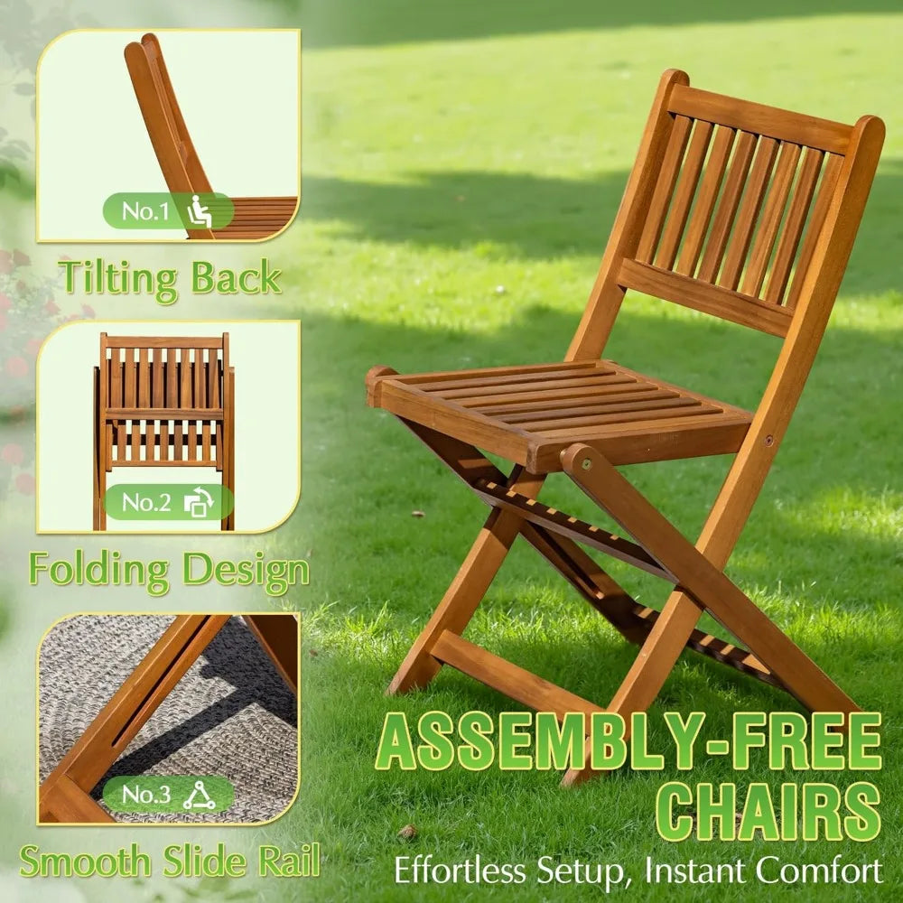 5 Piece Outdoor Acacia Wood Patio Dining Set Round Folding Table Chairs