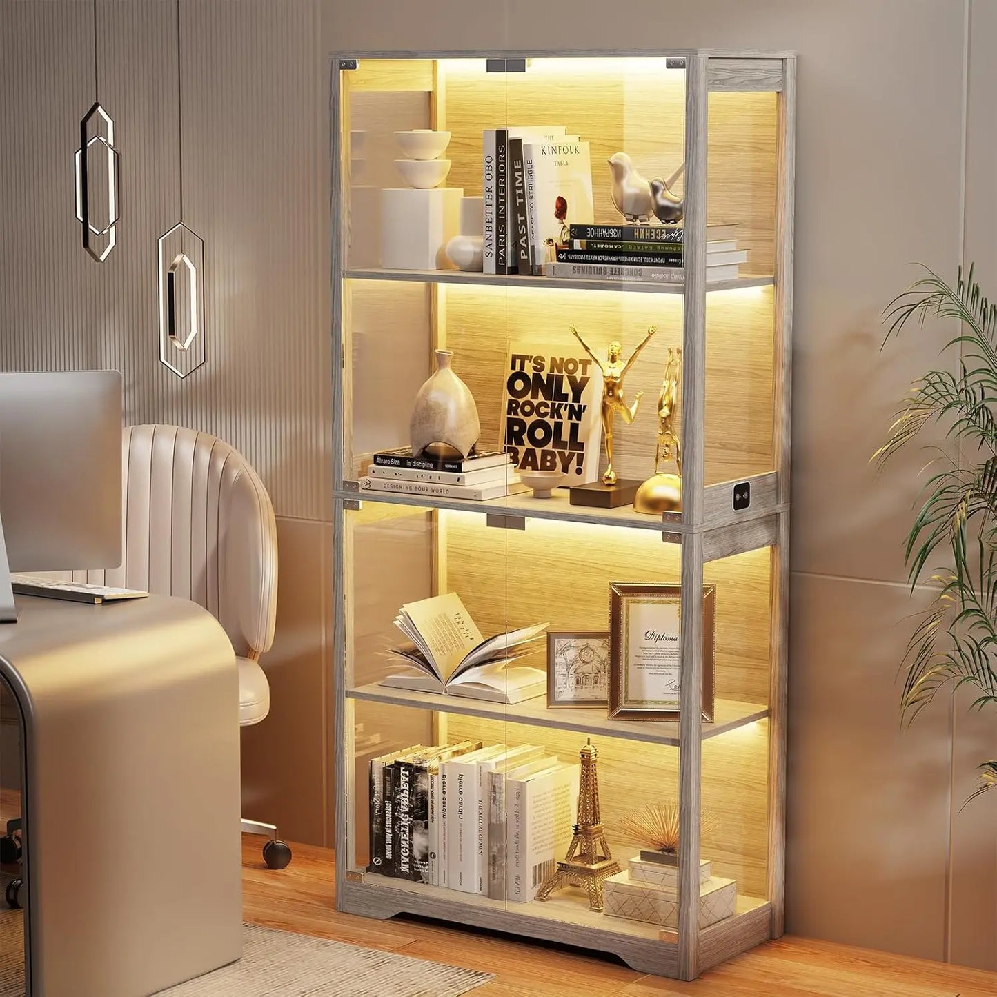 Display Cabinet Glass Doors Curio Cabinet 4-Tier LED Lights Collectibles