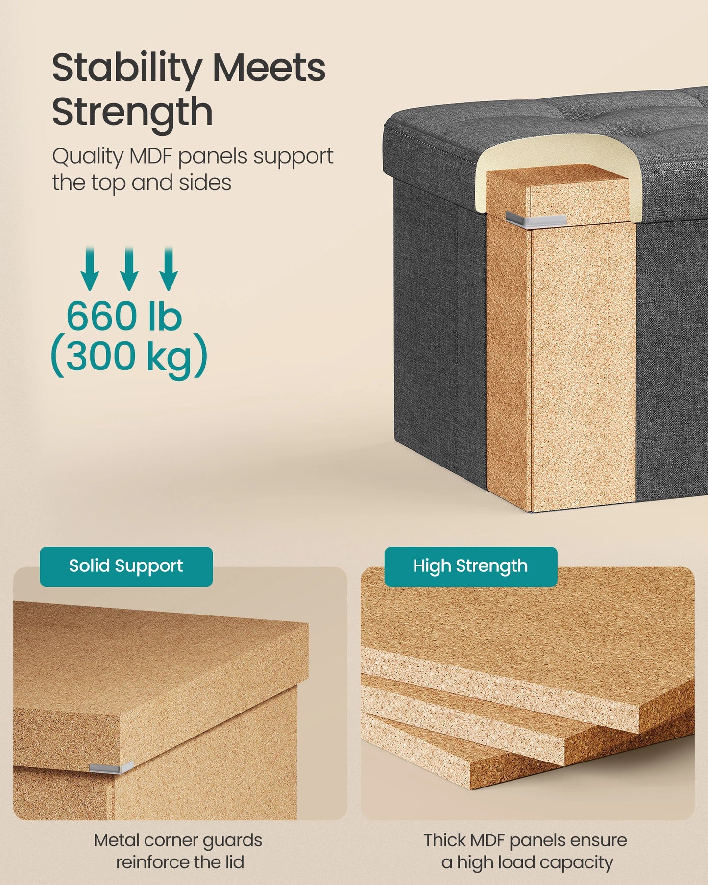 Ljustra Folding Storage Ottoman Bench 43 Inch Modern Home Furniture