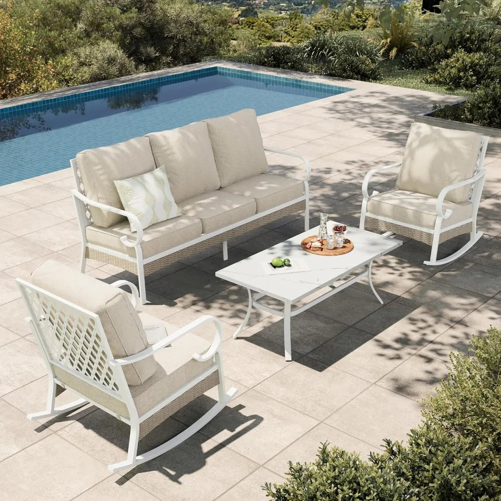 4-Piece Patio Furniture Set Rattan Rocking Chairs Sofa Marble Table