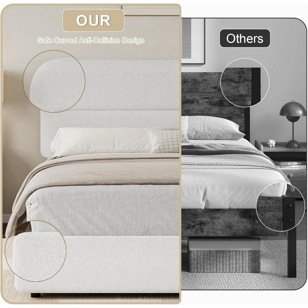 Boucle Upholstered Bed Frame Modern Soft Cloud Bed Frame with Headboard