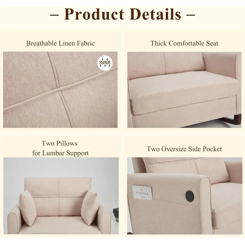 Oversize Rocking Chair Nursery High Back Armchair with USB Side Pocket