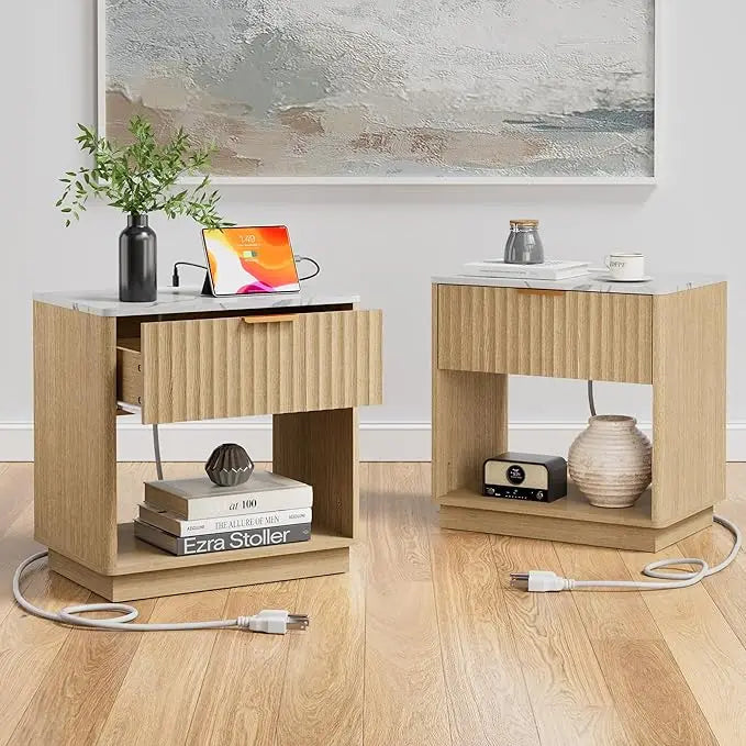 Fluted Nightstand Set of 2 with Charging Station and Faux Stone Top