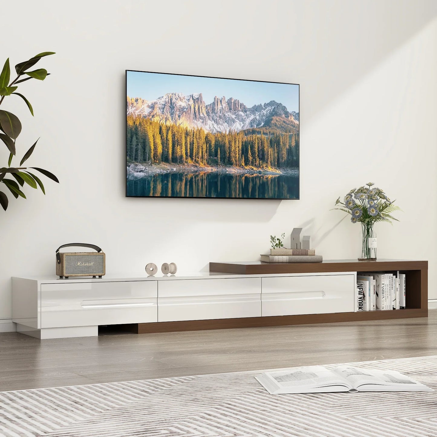 Extendable TV Stand for 120" TV Modern Wood Console with Drawers