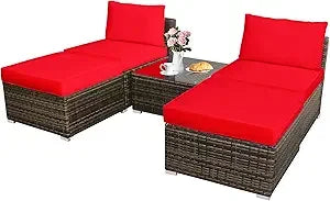 5 Piece Wicker Lounge Chair Set with Glass Coffee Table Outdoor Furniture