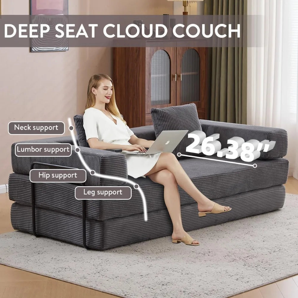 4-in-1 Foldable Corduroy Sofa Bed, Convertible Sleeper Couch, Dark Grey