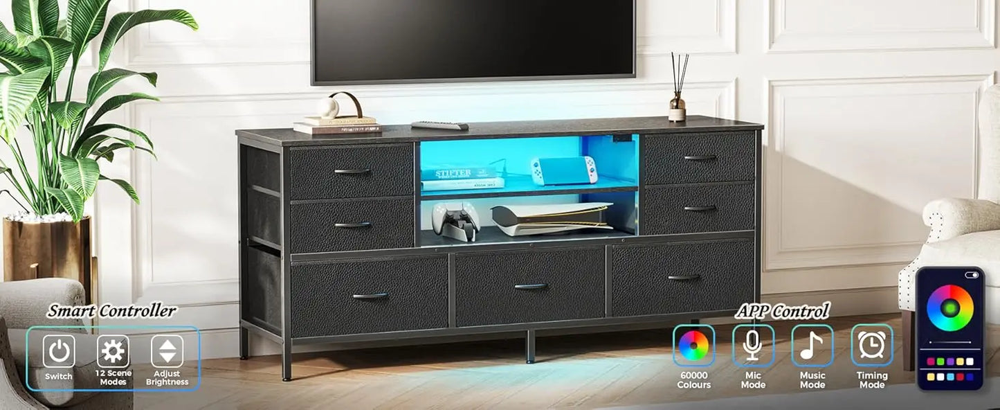 Modern TV Stand with Power Outlets LED Lights 7 Drawer Console