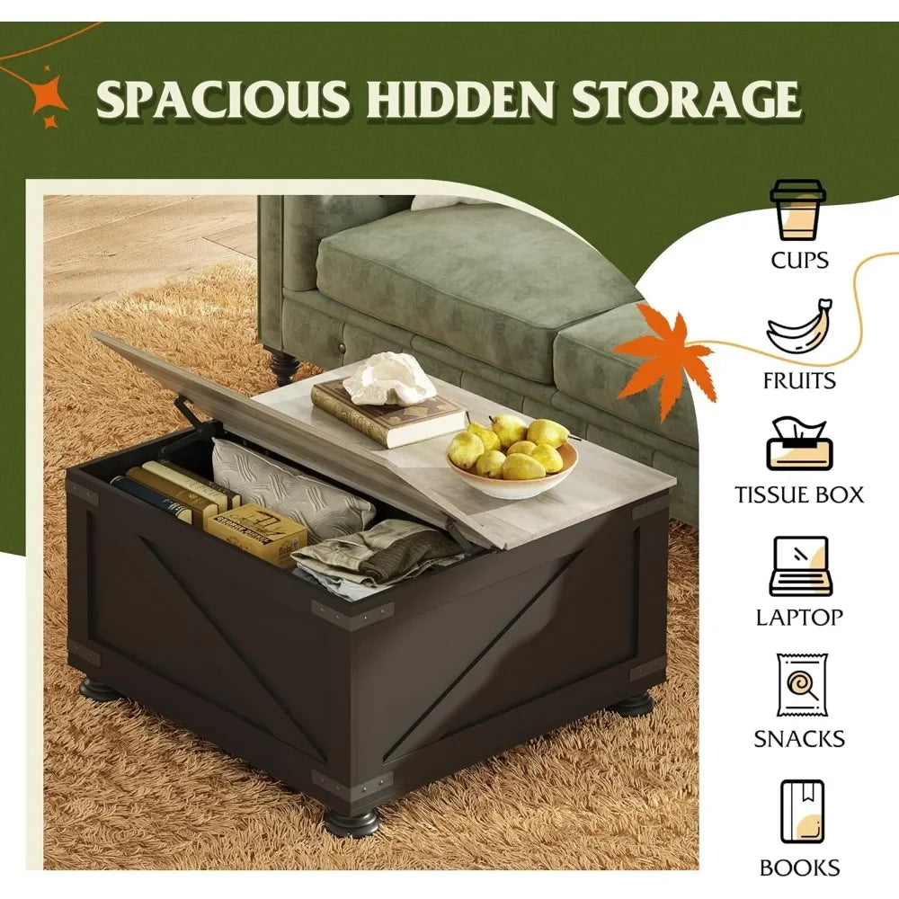 Farmhouse Lift Top Coffee Table with Storage 31.5 Inch Square Table