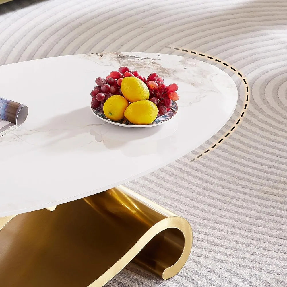 Modern Oval Faux Marble Coffee Table with Gold Metal Base for Living Room