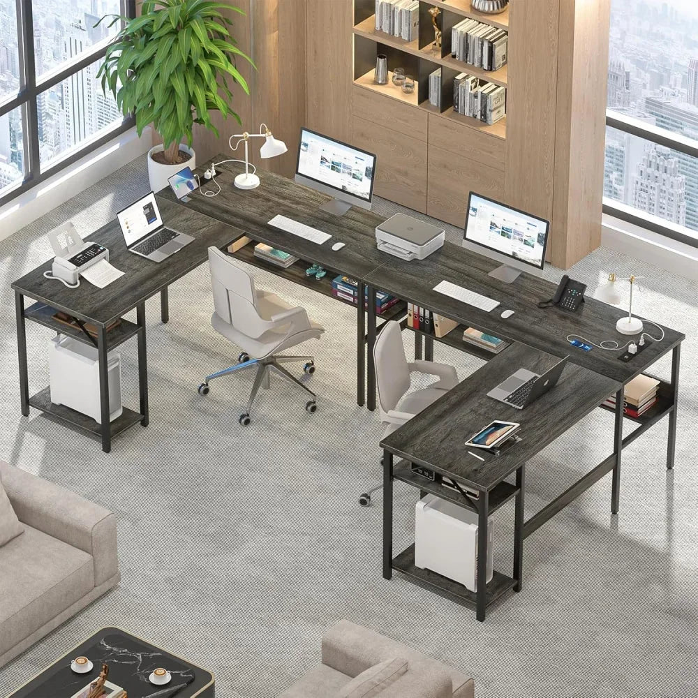 Reversible L Shaped Gaming Desk with USB Ports and Storage Shelf