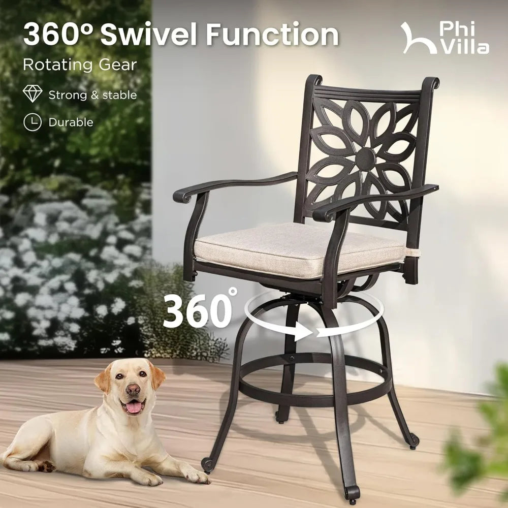 Patio Furniture Set 3 Pieces Cast Aluminum High Top Table Swivel Stools