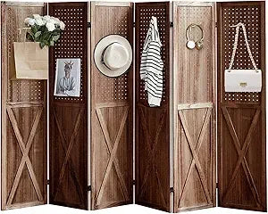 6 Panel Room Divider with Shelves Folding Privacy Screen Wood Decor