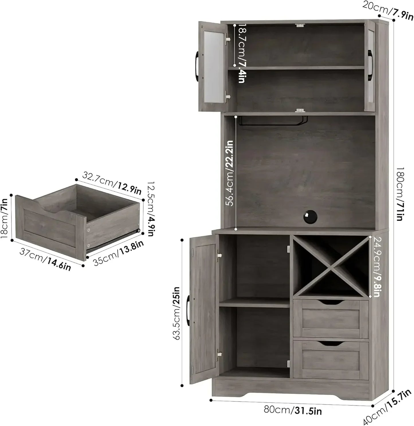 71 inch Kitchen Hutch Pantry Cabinet Buffet Rustic Grey with Adjustable Shelf