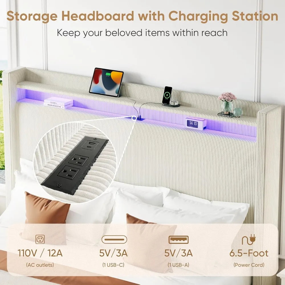 55.3 Inch Corduroy Upholstered Platform Bed Frame with LED USB Charging