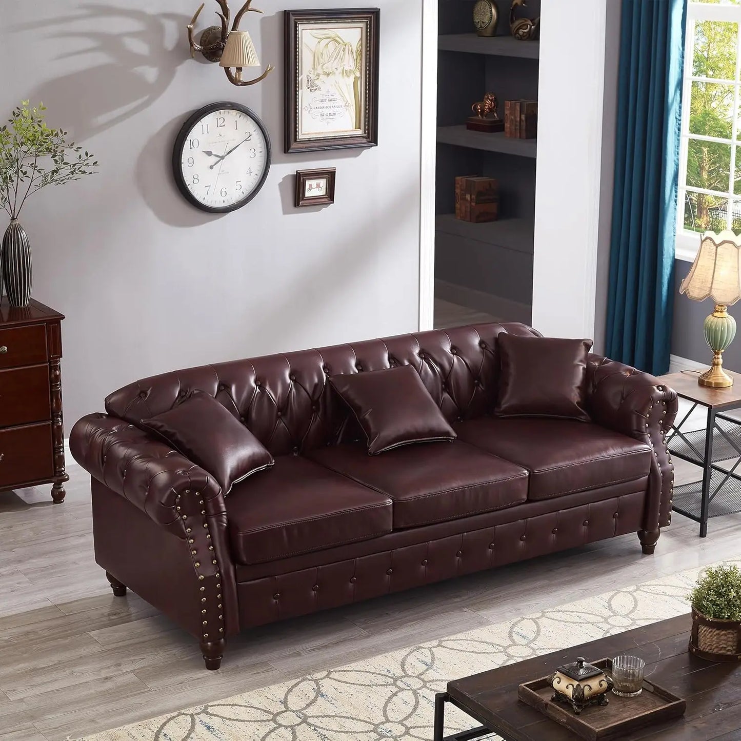 Ljustra 85.8" PU Leather Chesterfield Sofa 3-Seater with Storage & Tufted Design