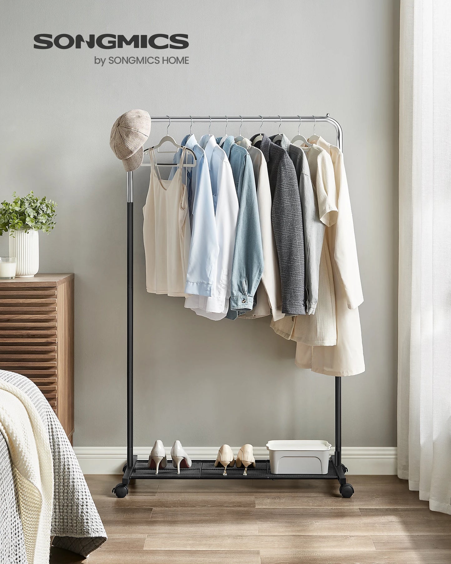 Ljustra Modern Metal Clothes Rack with Wheels and Storage Shelf